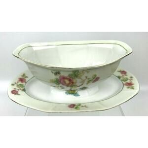 Victoria China Czechoslovakia Gravy Boat With Attached Underplate Pink Roses